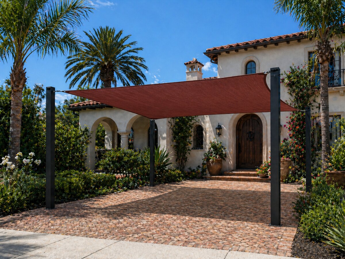 A terracotta-red shade sail over a brick-paver driveway in front of a Mediterranean revival home